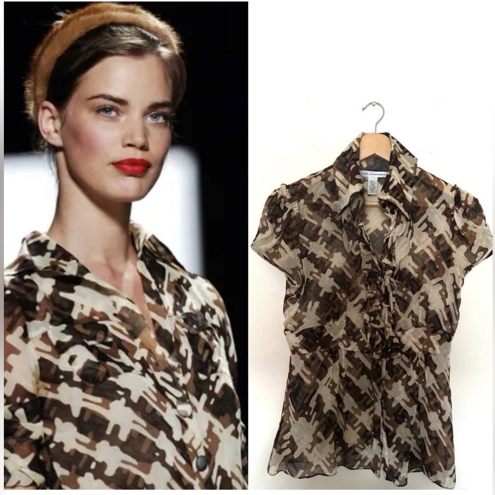 Diane Von Furstenberg Brown sheer abstract tweed pattern silk Blouse